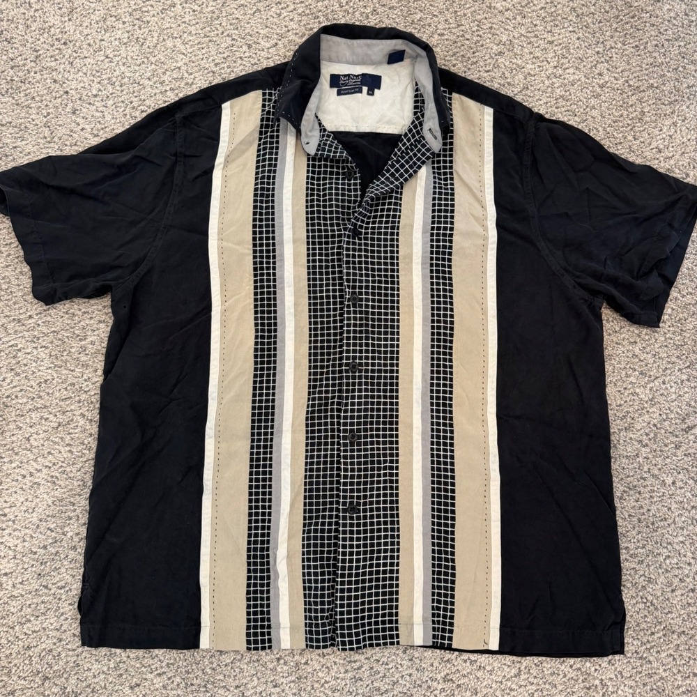 Nat Nast Luxury Originals Black 100% Silk Embroidered Panel Shirt Mens XL